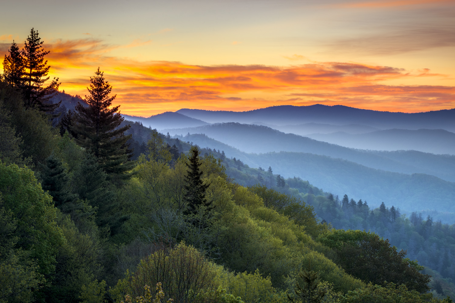 southern appalachian mountains sunset with fog