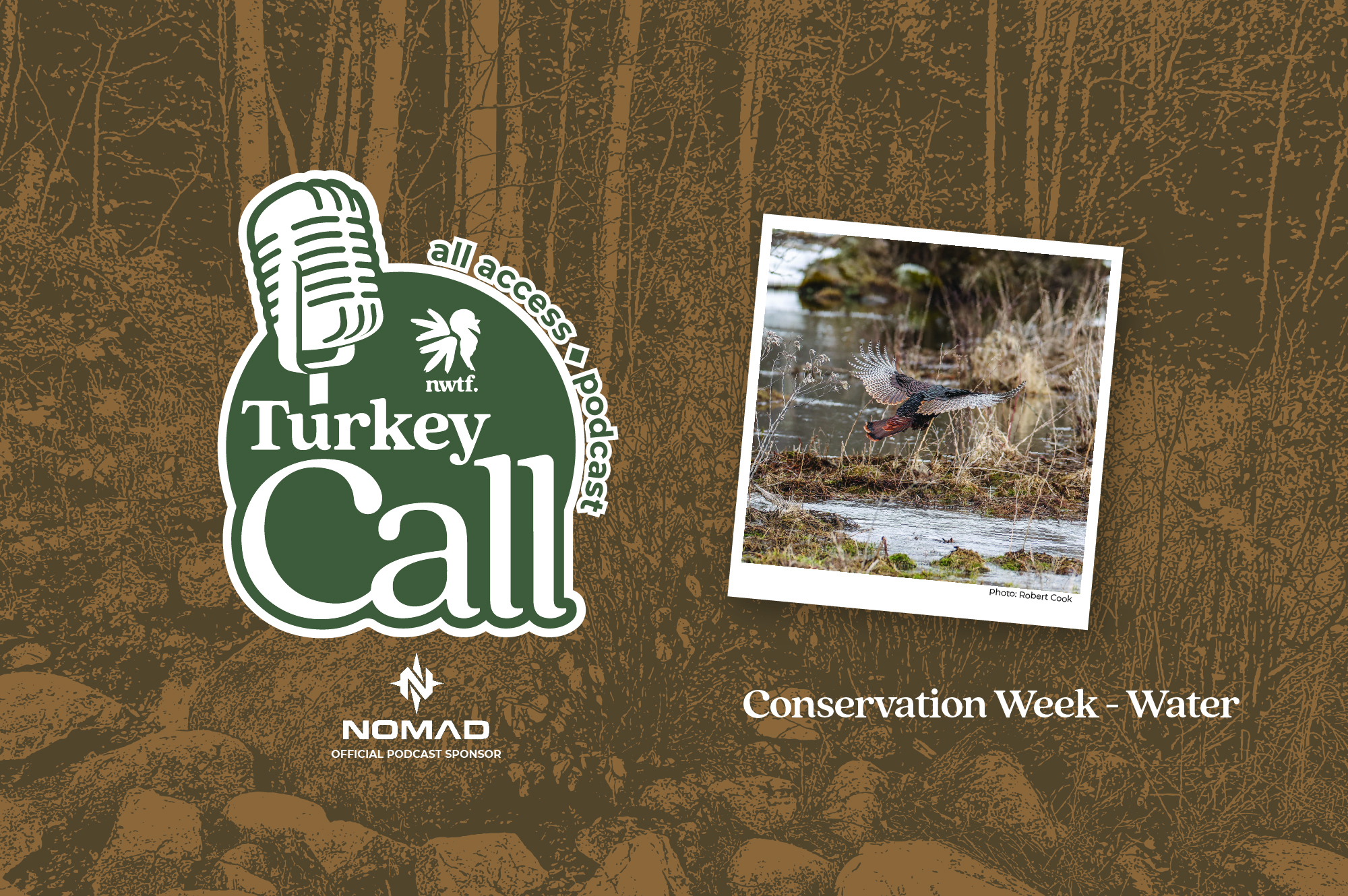 Podcast logo and a turkey flying across water